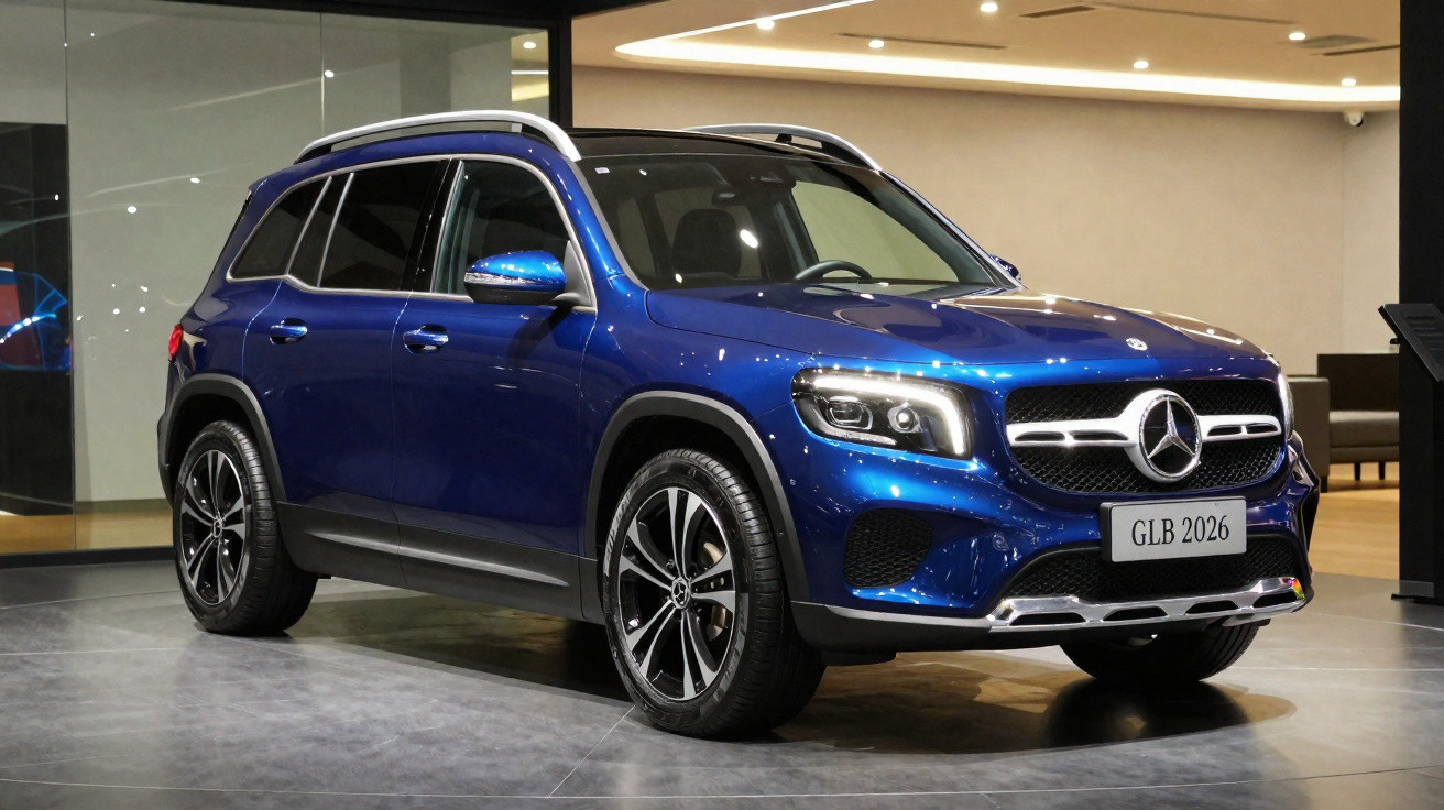 SUV Mercedes-Benz GLB 2026 azul exibido em ambiente interno com iluminação moderna.