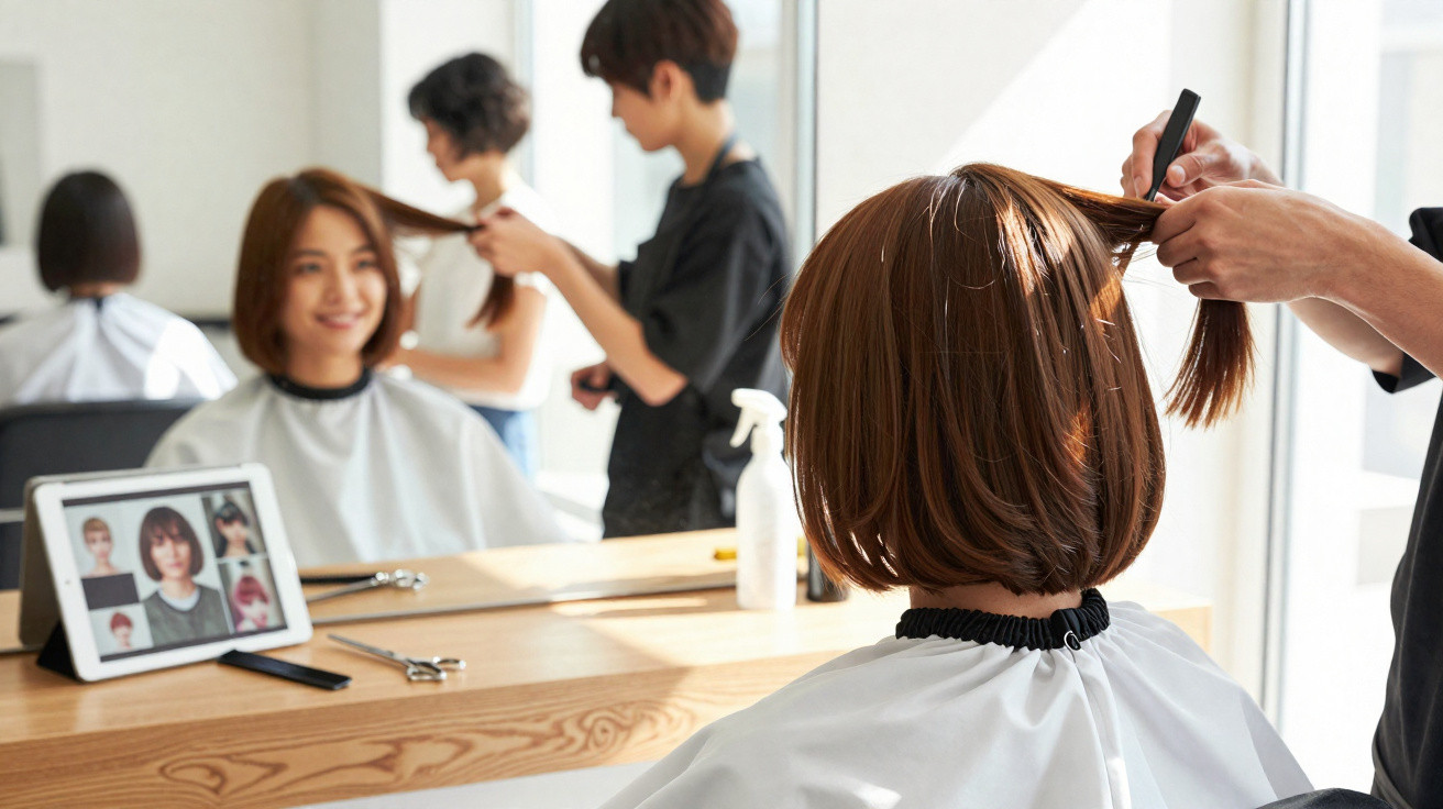 Pessoa sentada em salão de beleza cortando cabelo enquanto olha no espelho, com tablet exibindo opções de cortes.