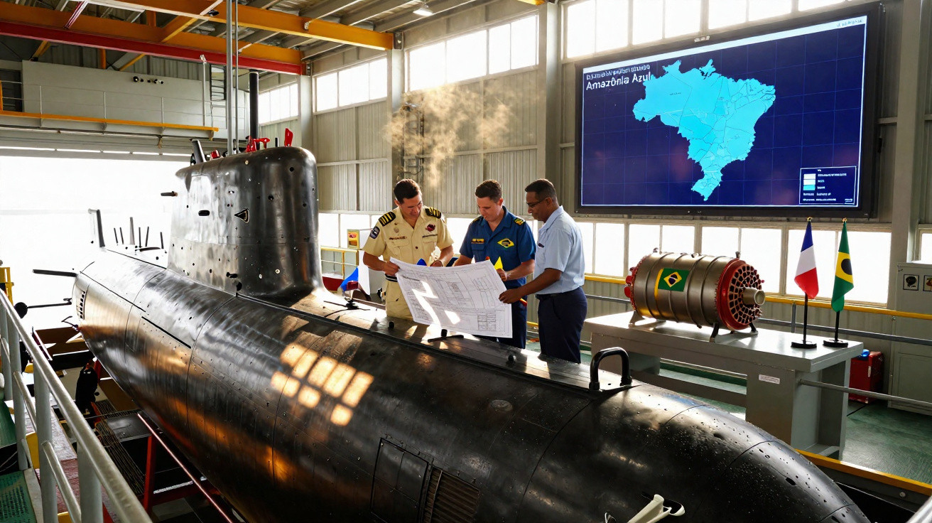 Três militares analisam planta sobre submarino em galpão com mapa do Brasil e bandeiras do Brasil e França.