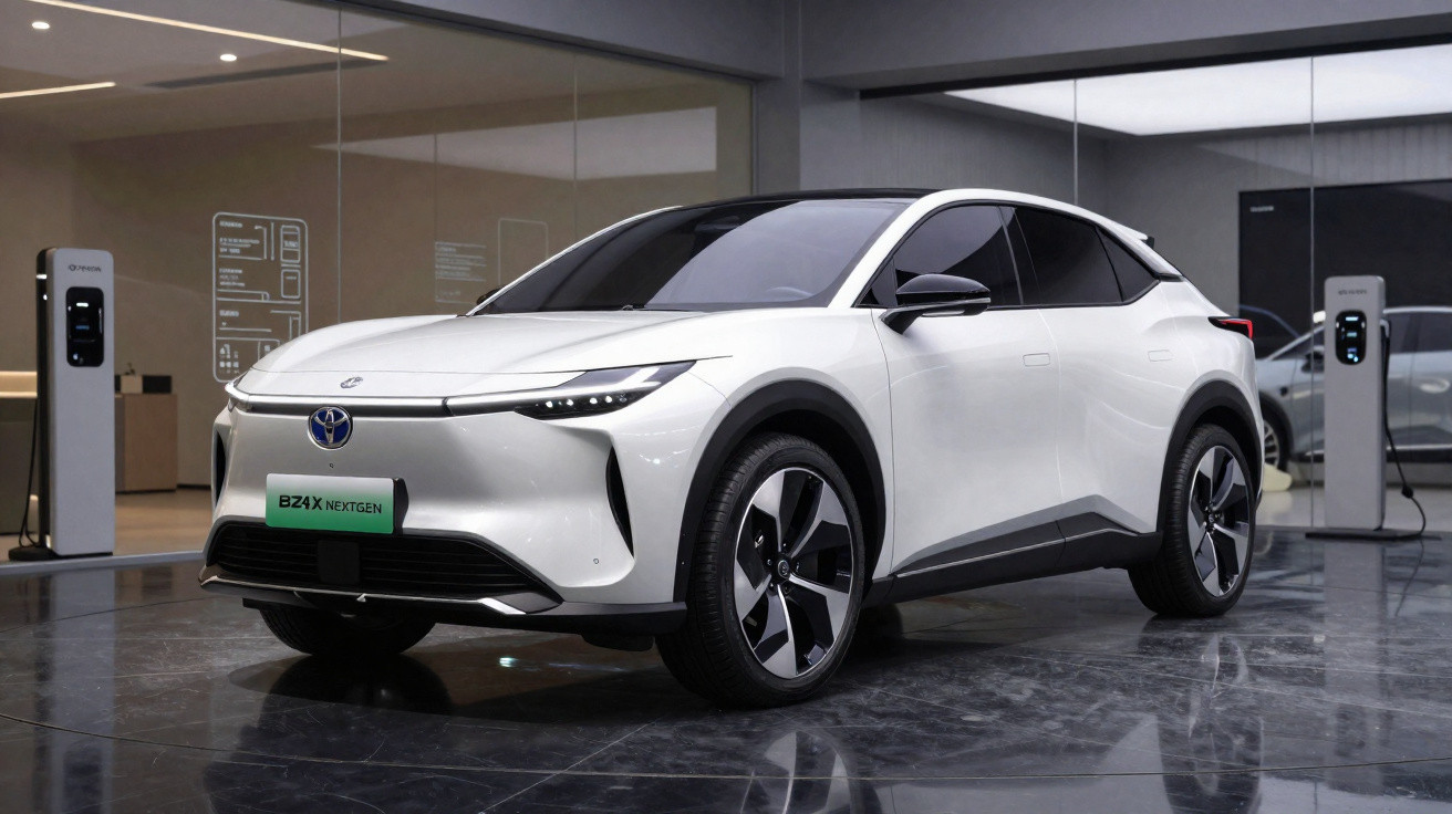 Carro elétrico branco Toyota BZ4X Nextgen estacionado em showroom moderno com estação de recarga.