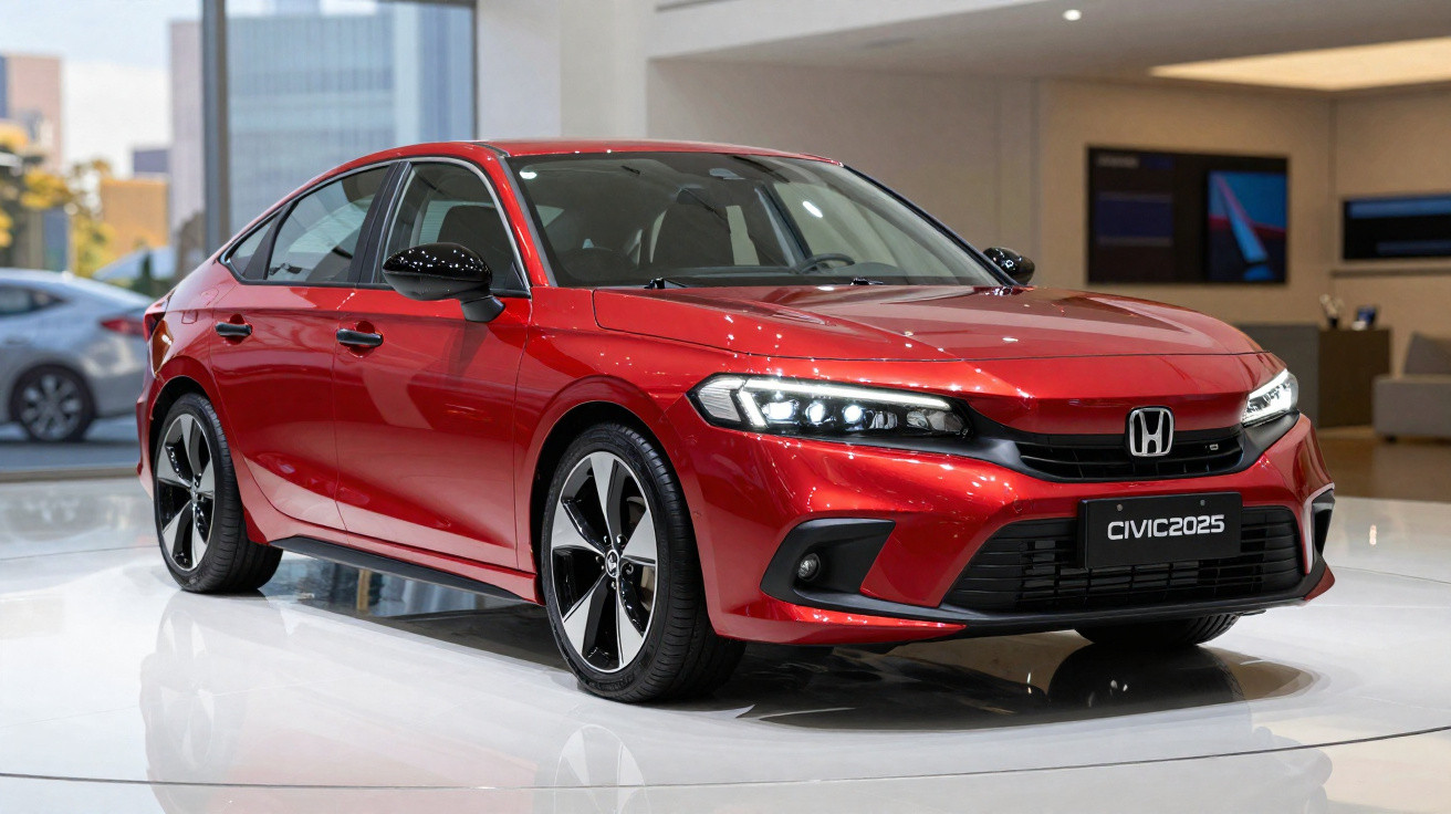 Carro sedã vermelho Honda Civic 2025 em exposição interna com luzes acesas e rodas esportivas.