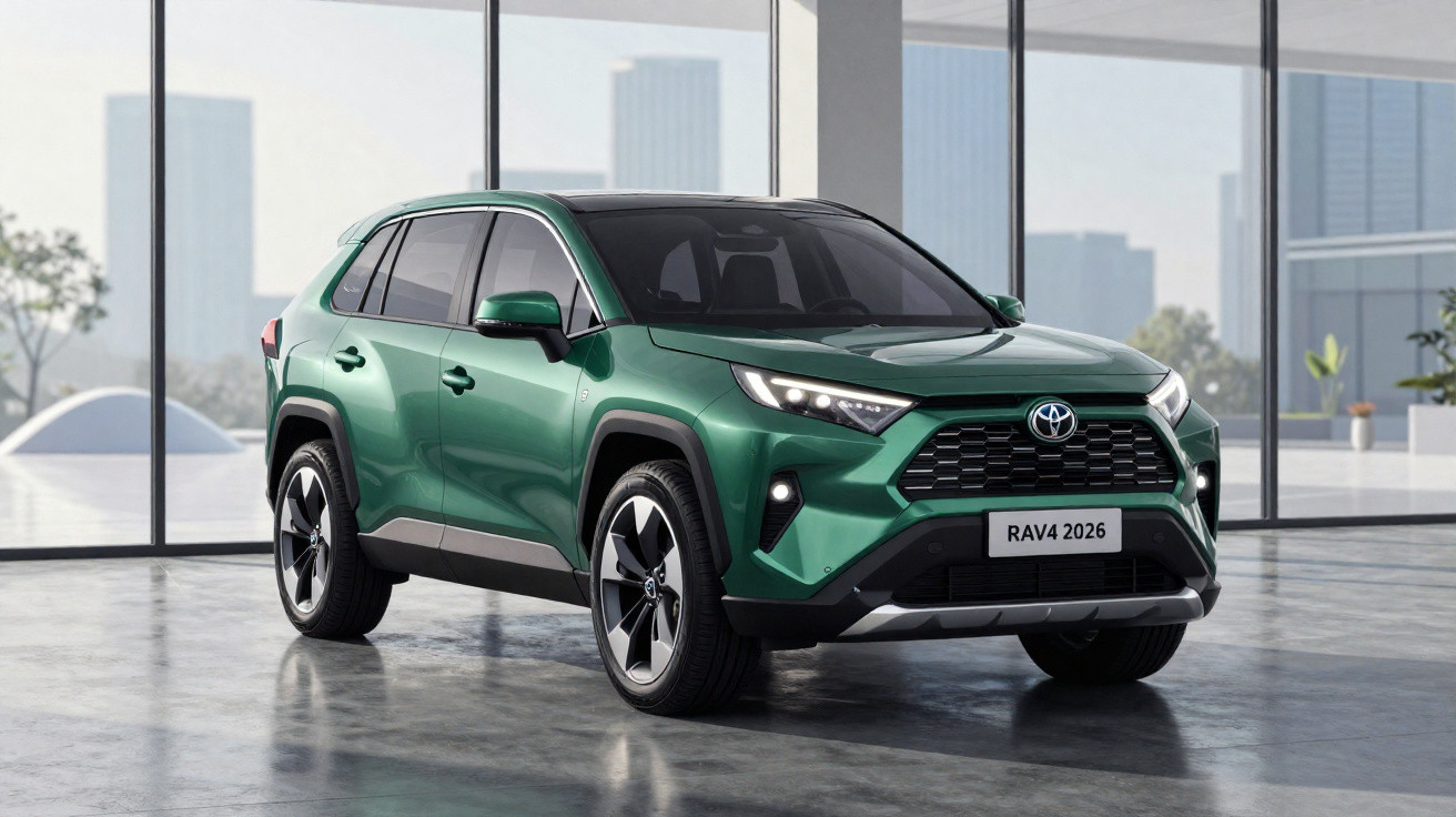 SUV Toyota RAV4 2026 verde em ambiente interno com fachada de vidro e vista urbana ao fundo.