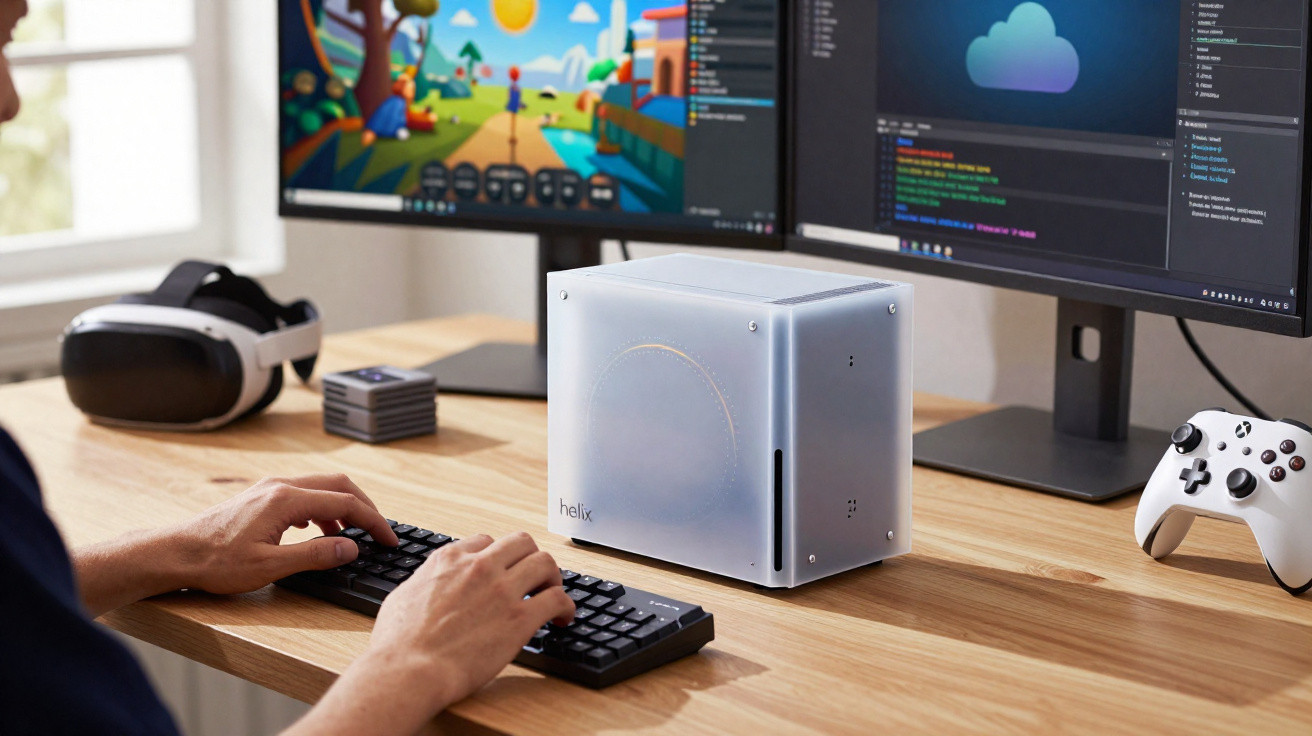 Mesa de trabalho com computador compacto Helix, teclado, dois monitores, controle e óculos de realidade virtual.