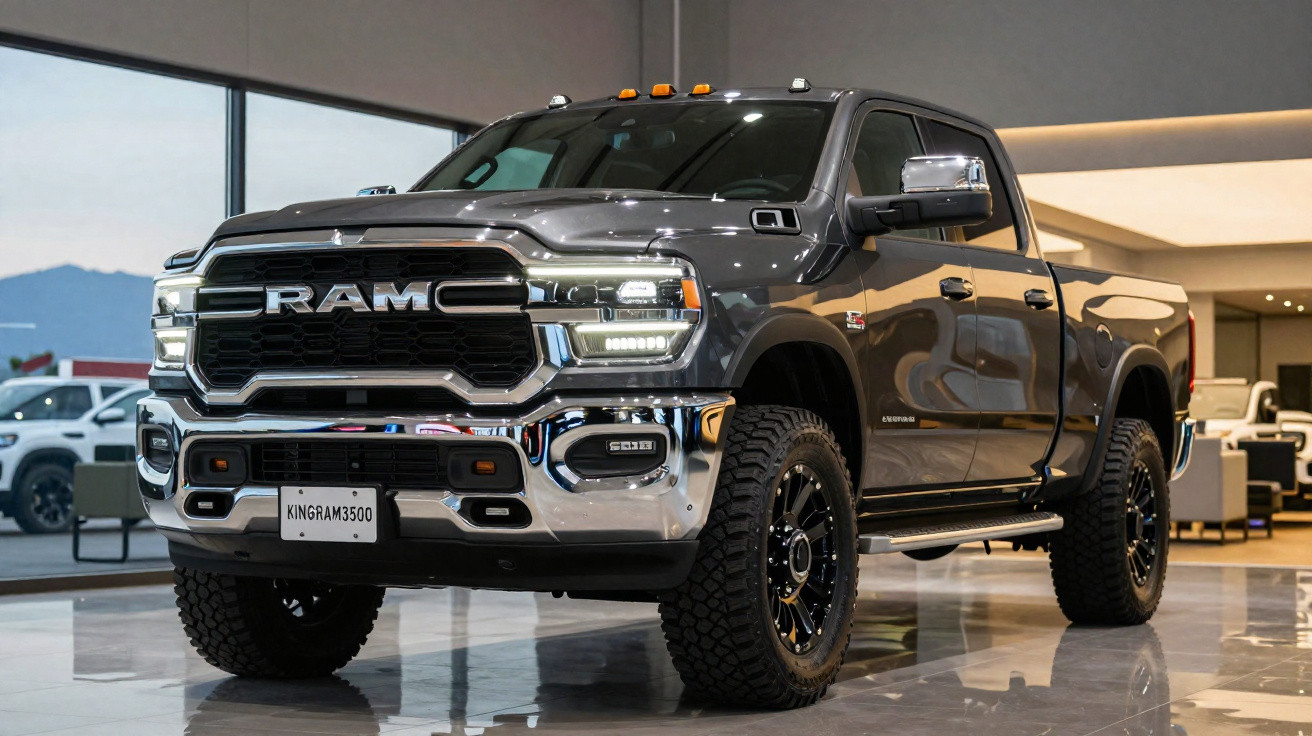 Picape preta RAM 3500 exibida em showroom com pneus robustos e detalhes cromados.