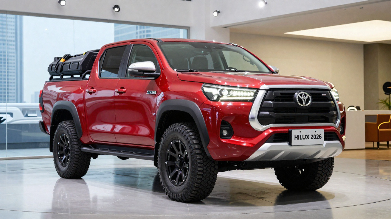 Picape Toyota Hilux 2026 vermelha em exposição interna com rodas pretas e pneus off-road.