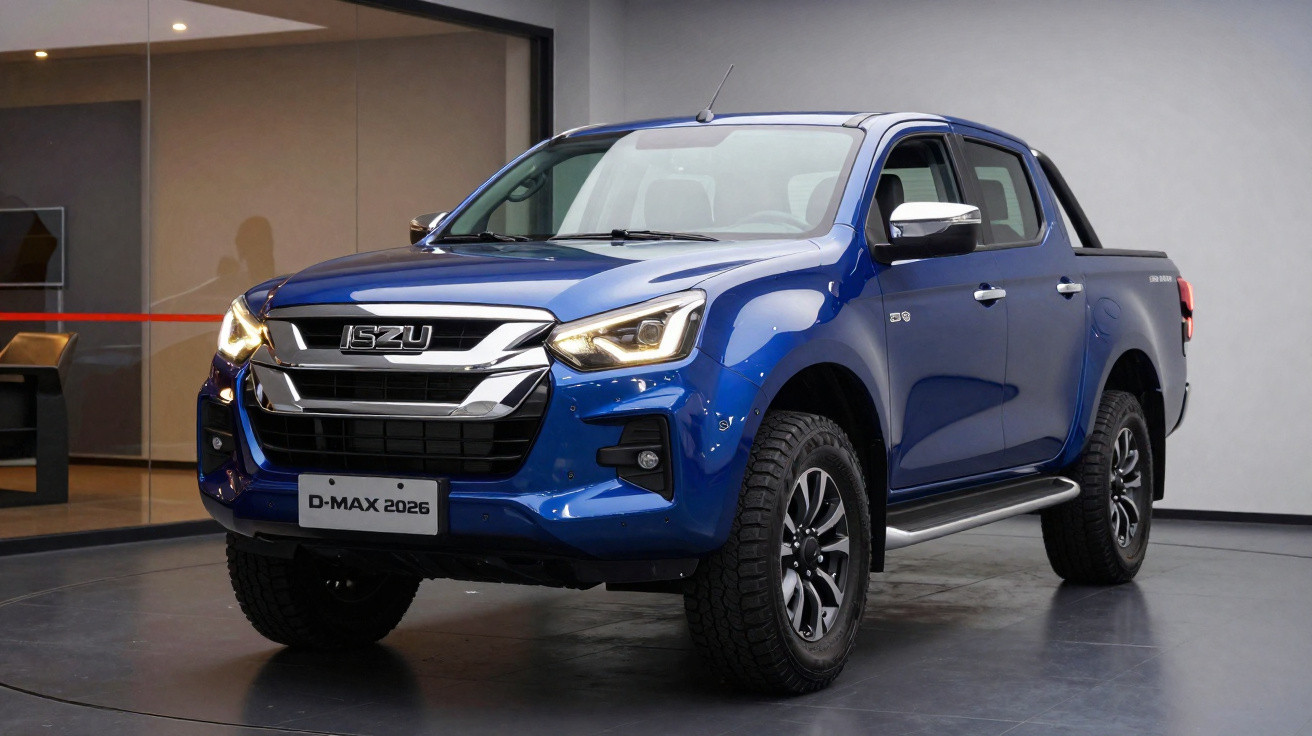 Picape azul ISUZU D-MAX 2026 em ambiente interno com iluminação moderna e pneus robustos.