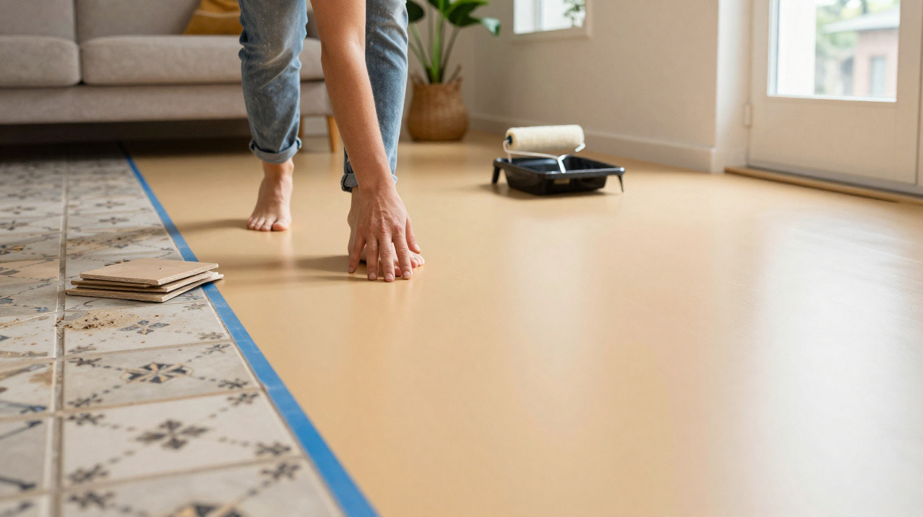 Pessoa aplicando piso vinílico bege ao lado de piso de azulejos com fita azul separando as áreas.