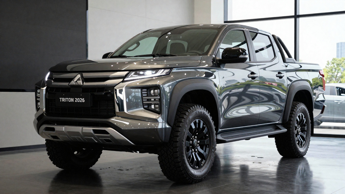 Picape Mitsubishi Triton 2026 cinza escuro exibida em showroom moderno com grandes janelas.