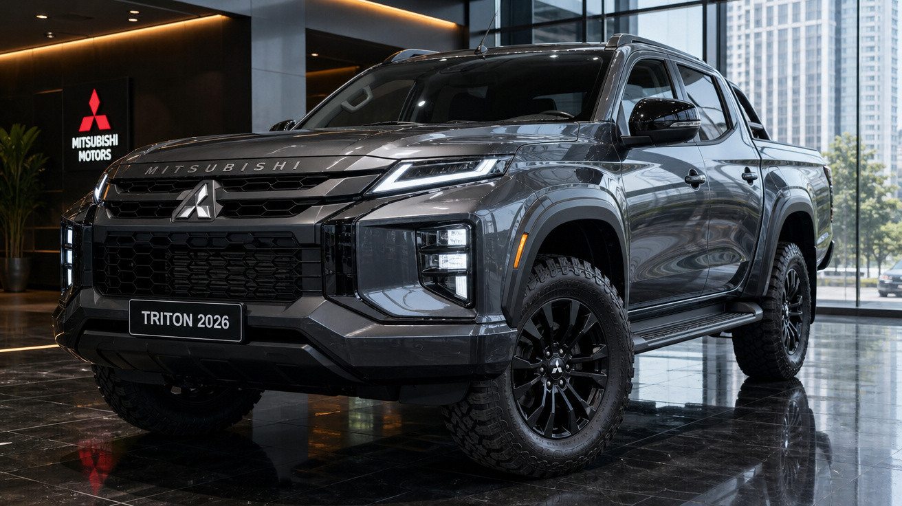 Picape Mitsubishi Triton cinza 2026 em showroom moderno com piso preto e grande vitrine de vidro.