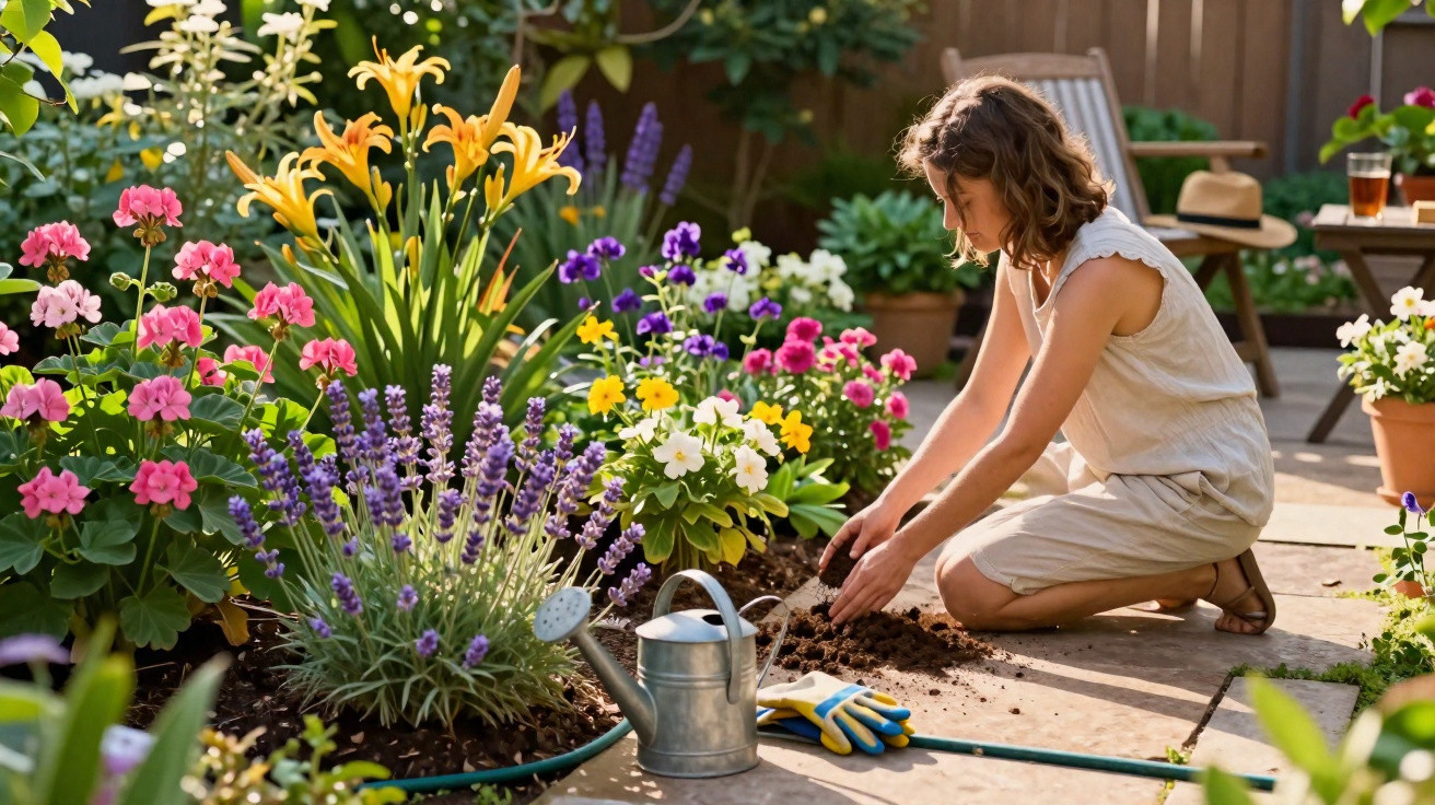 Menina cuidando do jardim ao ar livre rodeada por flores coloridas em vaso.