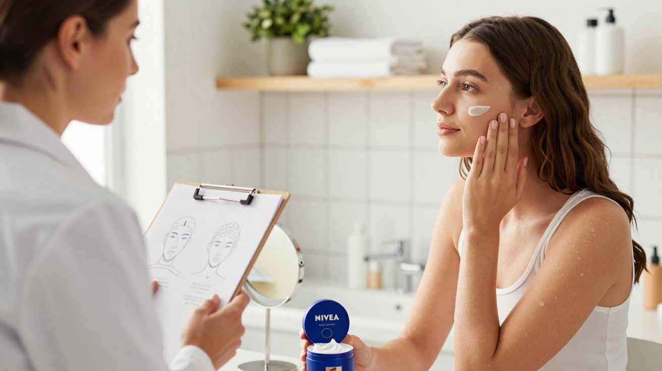 Mulher aplicando creme facial, recebendo orientação de profissional com prancheta em consultório de beleza.