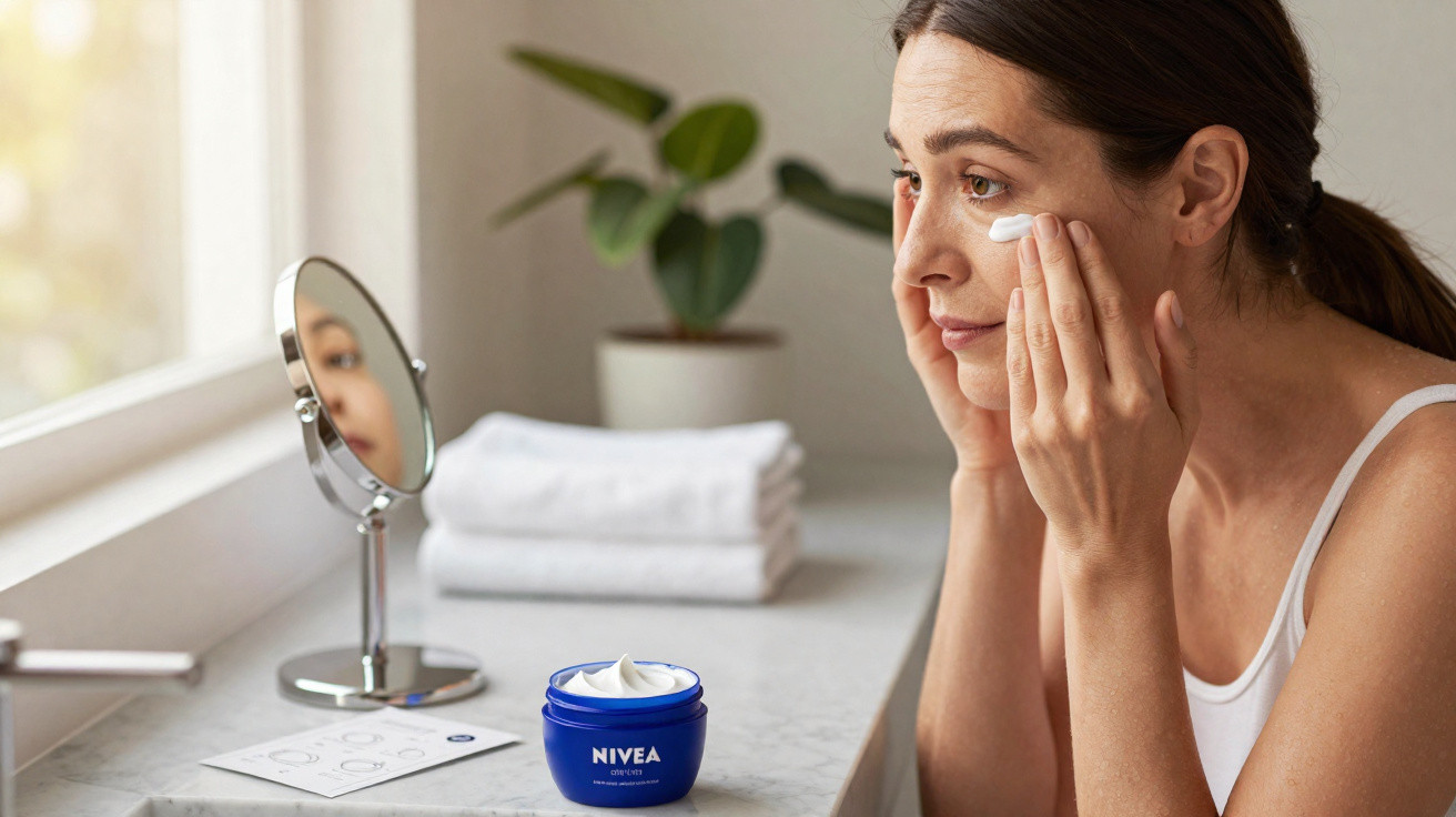 Mulher aplicando creme facial Nivea no rosto em frente ao espelho em banheiro iluminado.