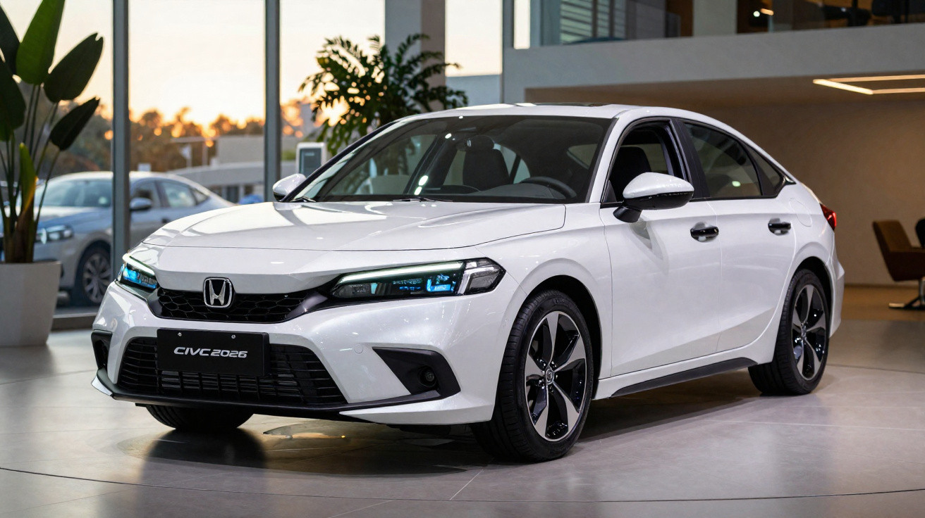 Carro Honda Civic 2026 branco exibido em showroom com iluminação interna e plantas ao fundo.