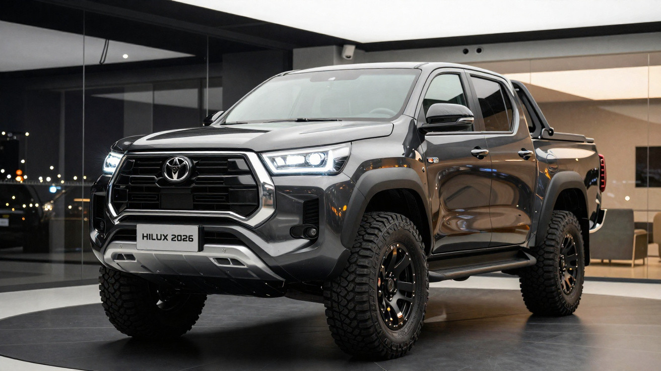 Picape Toyota Hilux 2026 preta exibida em showroom moderno com iluminação branca.