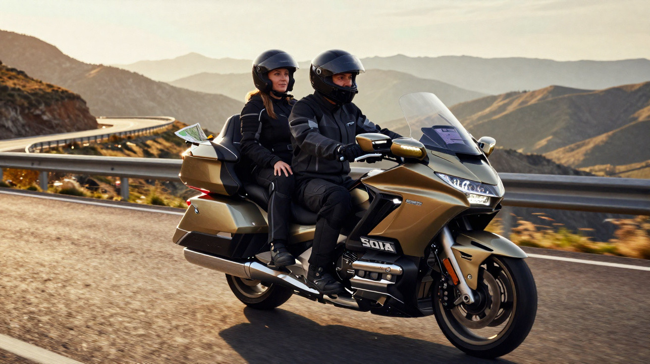 Dupla com capacetes pilotando motocicleta touring dourada em estrada de montanha ao entardecer.