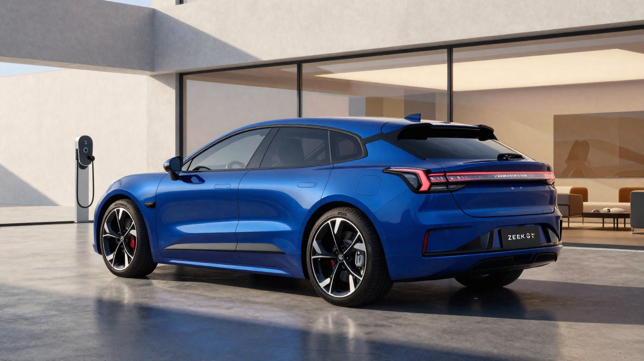 Carro elétrico azul estacionado em garagem moderna com carregador na parede ao lado.