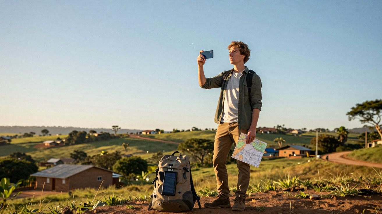 Jovem com mochila e mapa usa celular para navegar em área rural com casas e colinas ao fundo.
