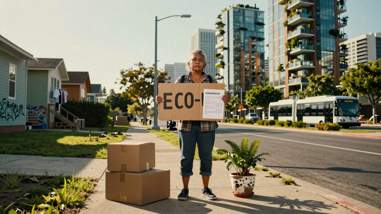 Pessoa idosa segurando placa "ECO" na calçada com caixas e planta em vaso ao lado em área urbana.