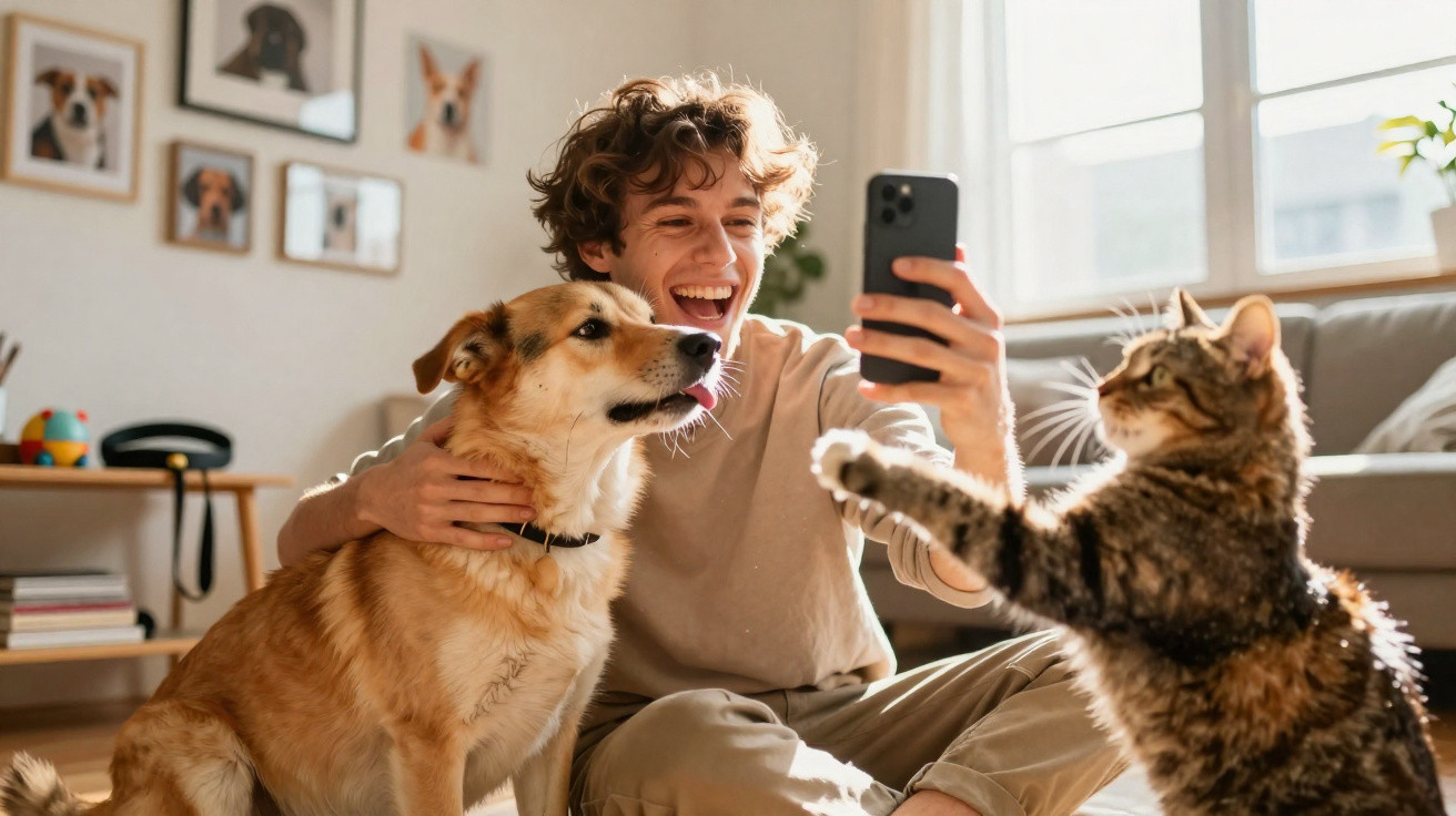 Jovem sentado no chão com cachorro e gato, sorrindo e tirando selfie com celular em sala iluminada.