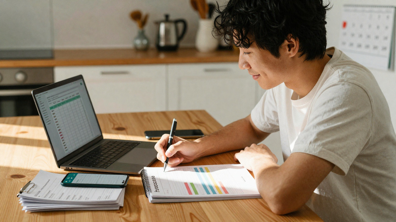 Jovem sentado à mesa escrevendo em planner ao lado de notebook e celular em ambiente de cozinha iluminada.