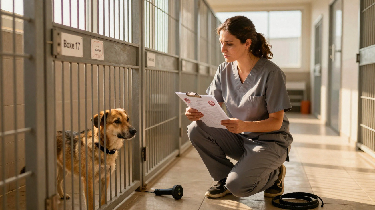 Mulher veterinária avaliando cachorro em canil enquanto segura prancheta em abrigo de animais.