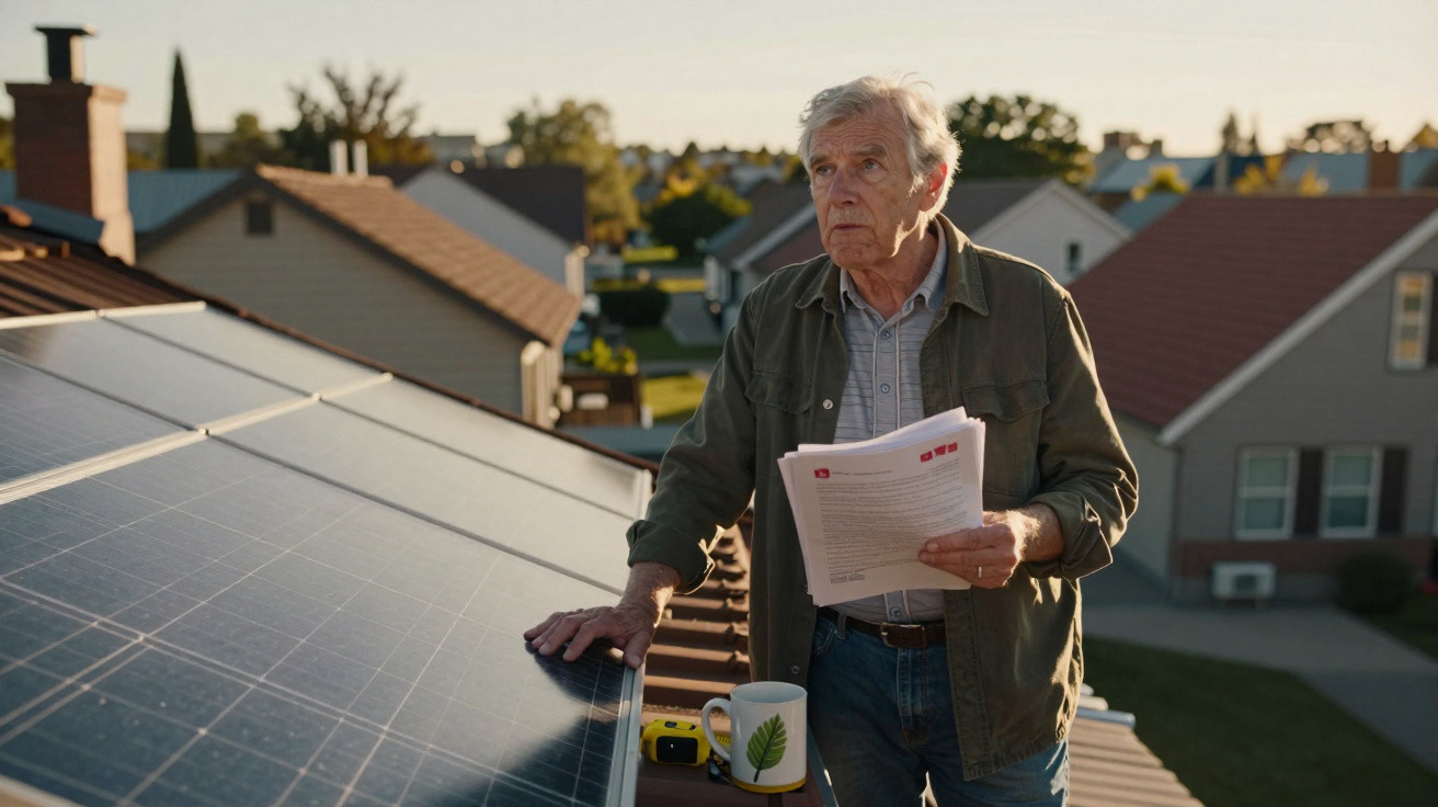 Homem idoso em telhado com painéis solares segurando documentos e olhando para o horizonte.