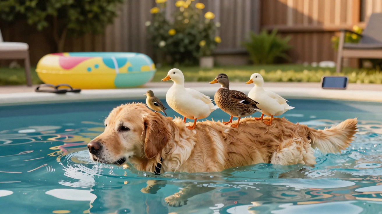 Cachorro nadando na piscina com três patos e um pássaro pequenos sobre suas costas.