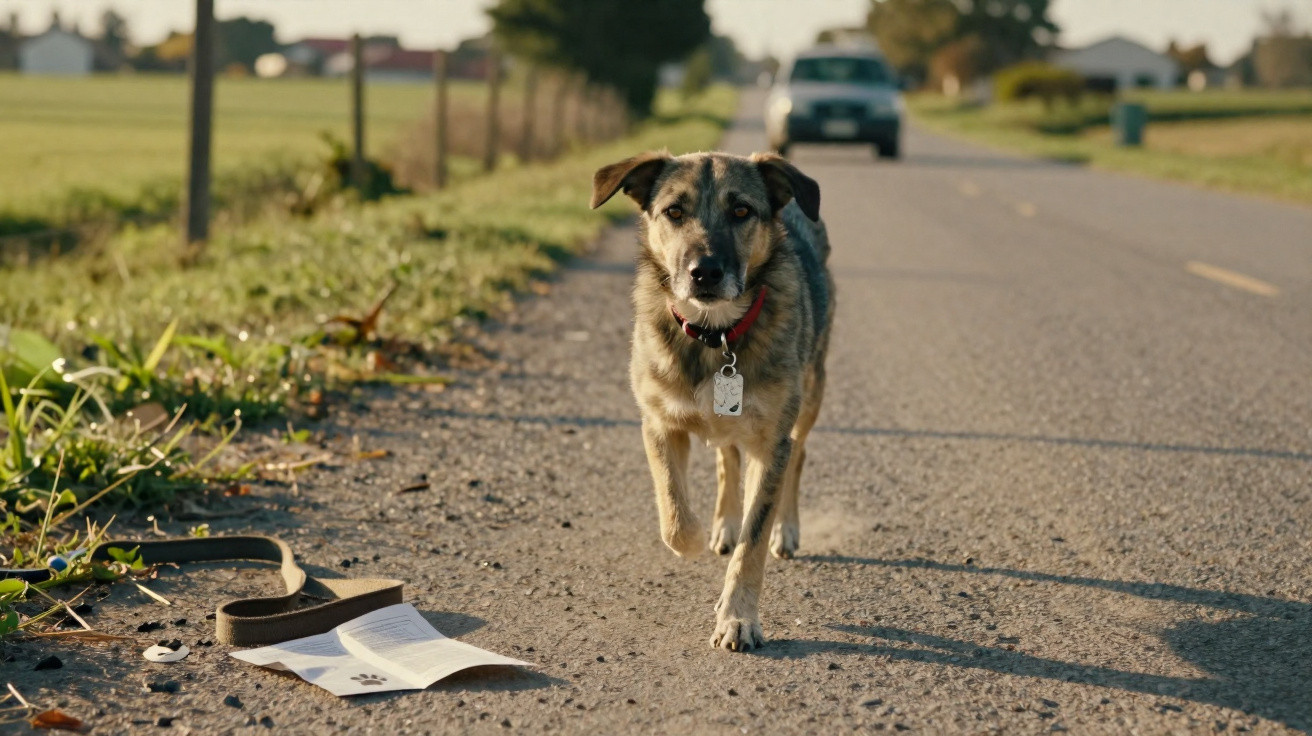 Cachorro de coleira vermelha caminhando sozinho por estrada rural com guia e papel no chão.