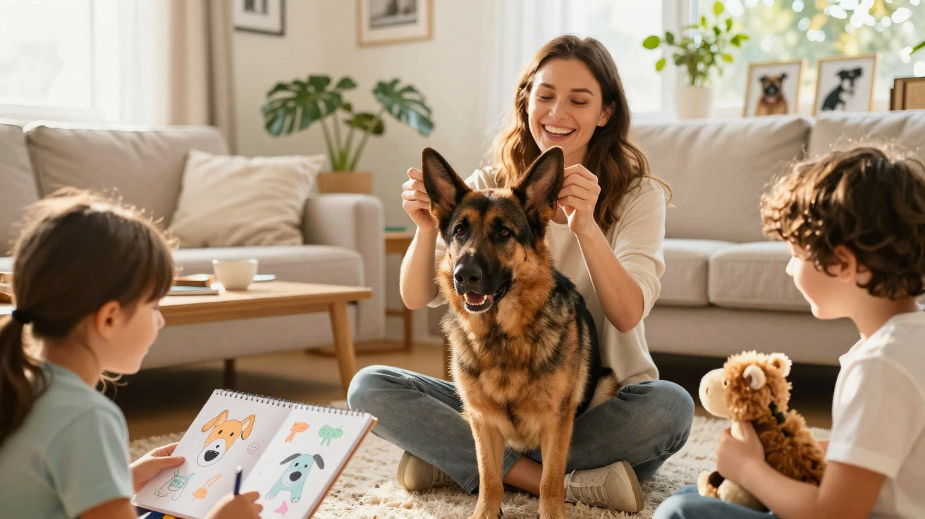 Mulher sorrindo brinca com cachorro pastor alemão enquanto duas crianças desenham e seguram brinquedo no tapete.