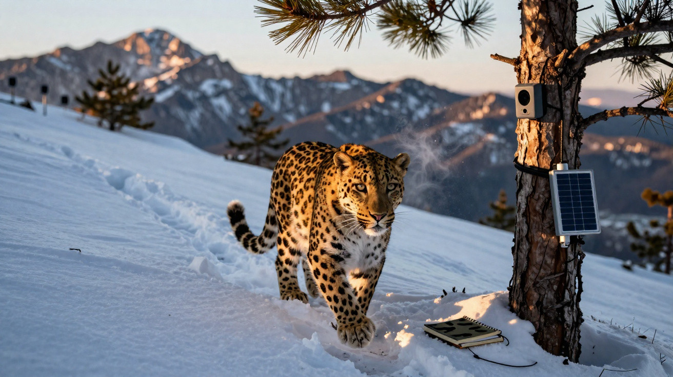 Leopardo caminhando na neve próxima a uma árvore com câmera de monitoramento e caderno sobre a neve.