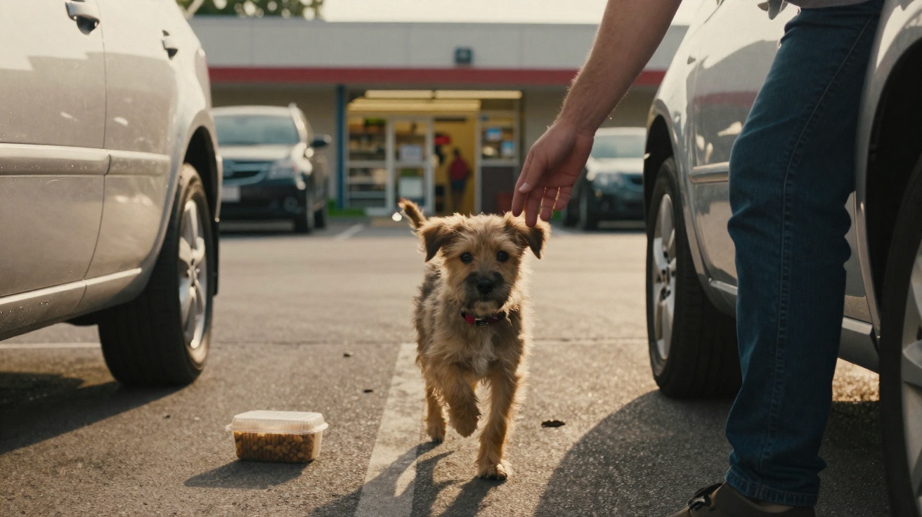 Cachorro pequeno caminhando entre carros em estacionamento com pessoa estendendo a mão para ele.