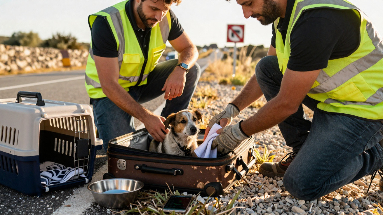 Dois homens com coletes refletores ajudam cachorro em mala ao lado de rodovia em dia ensolarado.