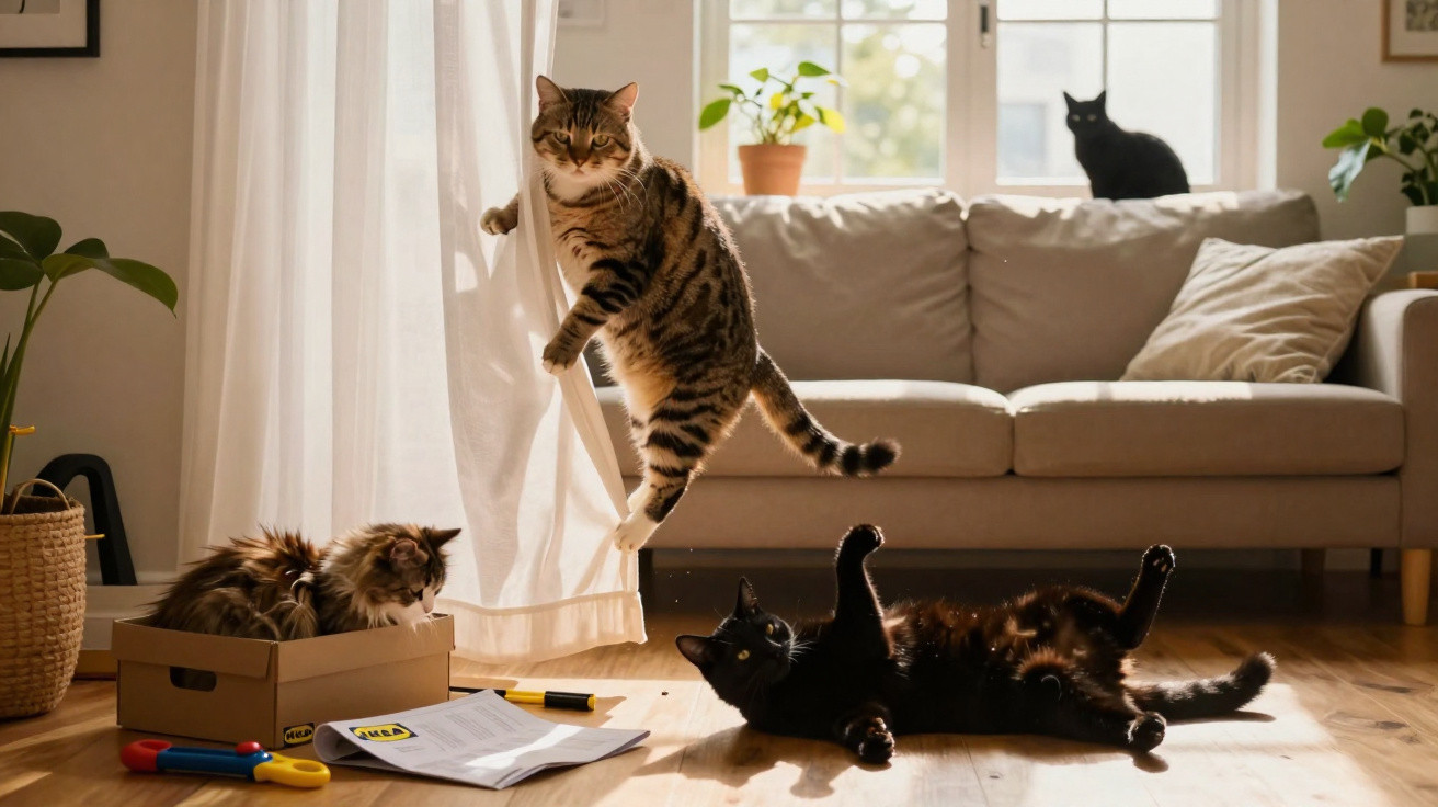 Quatro gatos em uma sala iluminada, um pulando, um deitado no chão, um na caixa e outro no sofá.