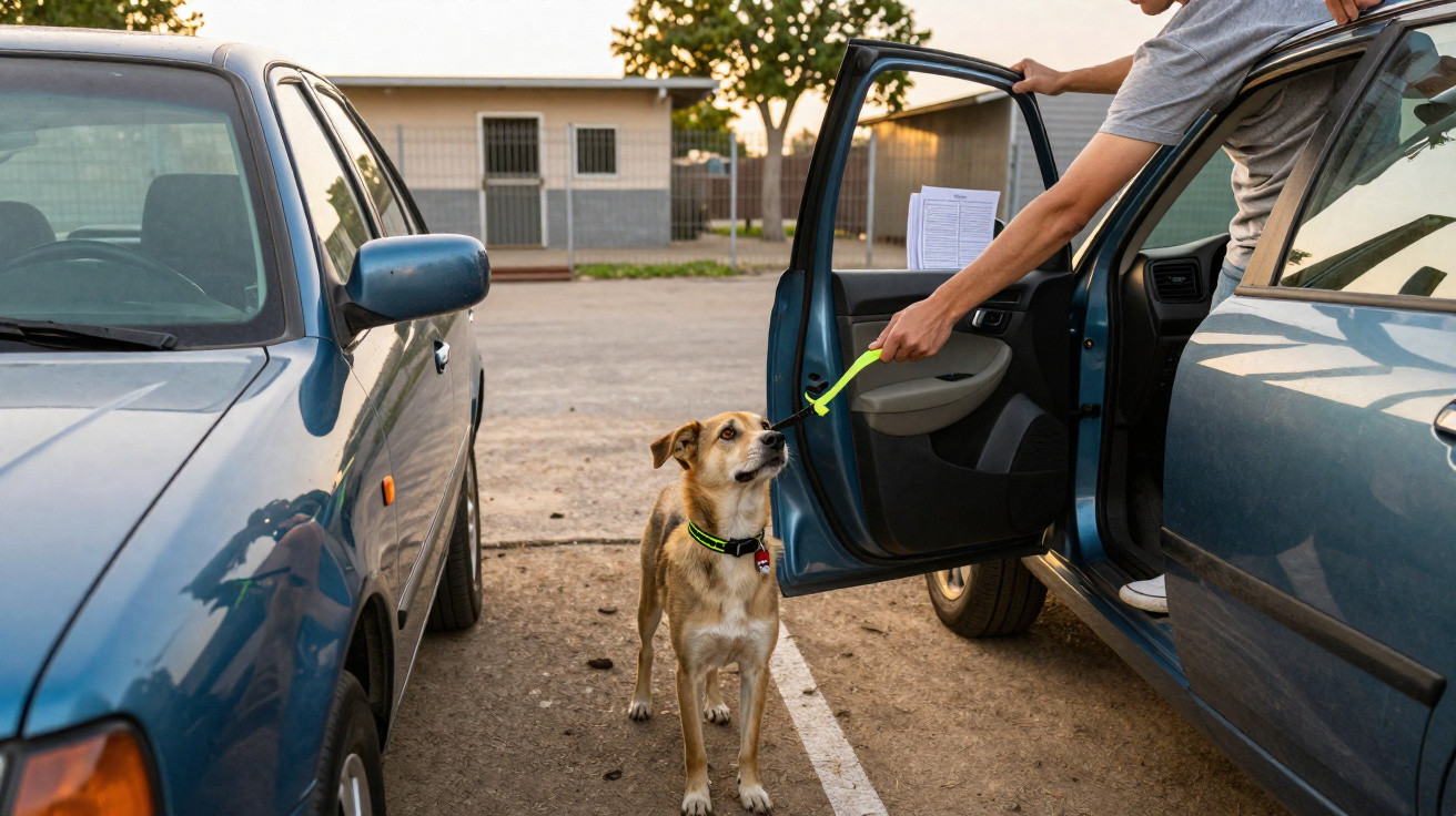 Pessoa oferecendo escova de dentes para cachorro em estacionamento entre carros.