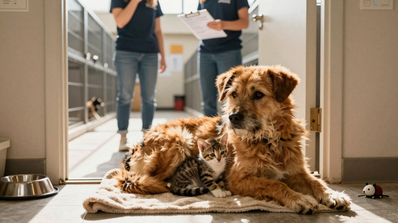 Cachorro e gatinho abraçados sobre um cobertor em abrigo para animais, com funcionários ao fundo.