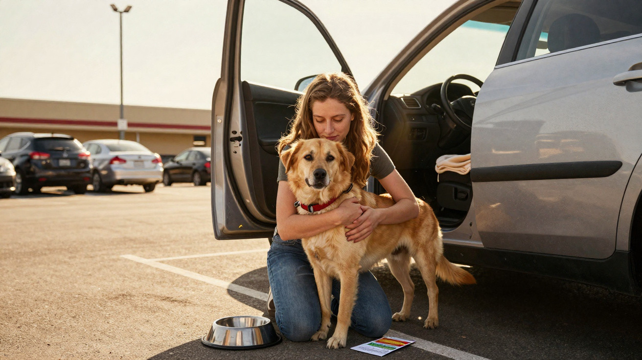 Mulher ajoelhada abraçando cão dourado ao lado de carro estacionado em estacionamento ao entardecer.