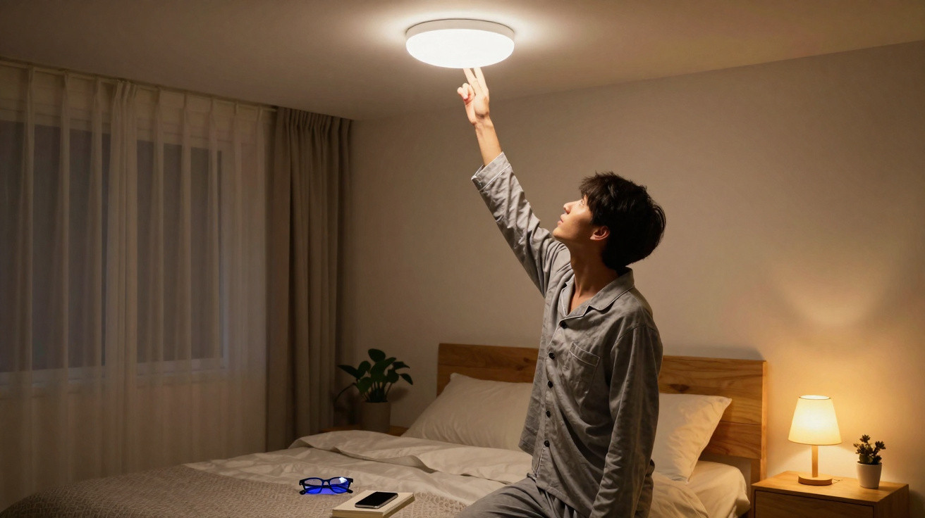 Homem de pijama acende luz de teto em quarto com cama, abajur, celular e óculos sobre a cama.