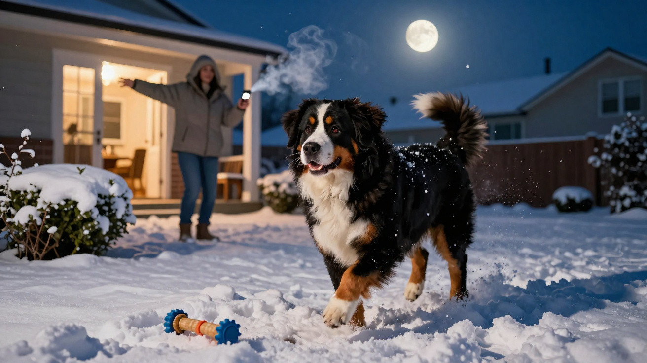 Cão feliz correndo na neve à noite com lua cheia, e pessoa ao fundo segurando lanterna na varanda.