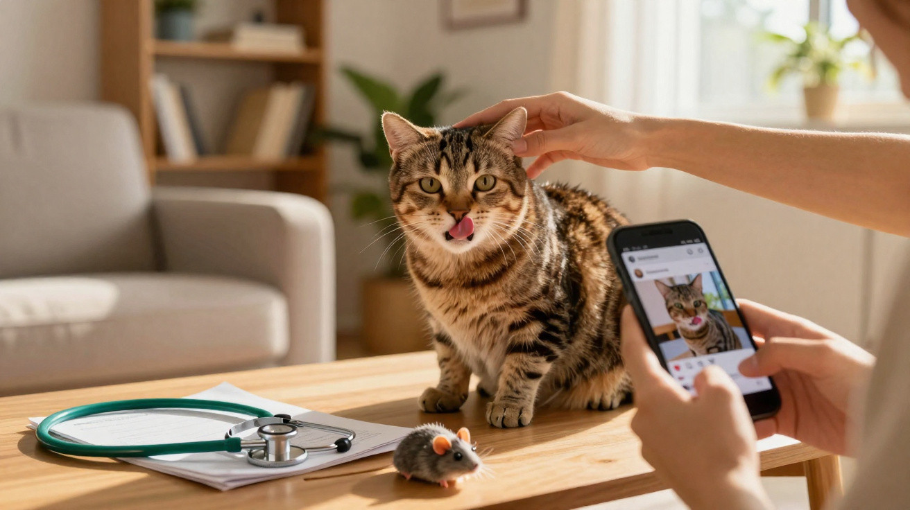 Gato com língua de fora sendo acariciado enquanto alguém tira foto com celular em mesa com estetoscópio.