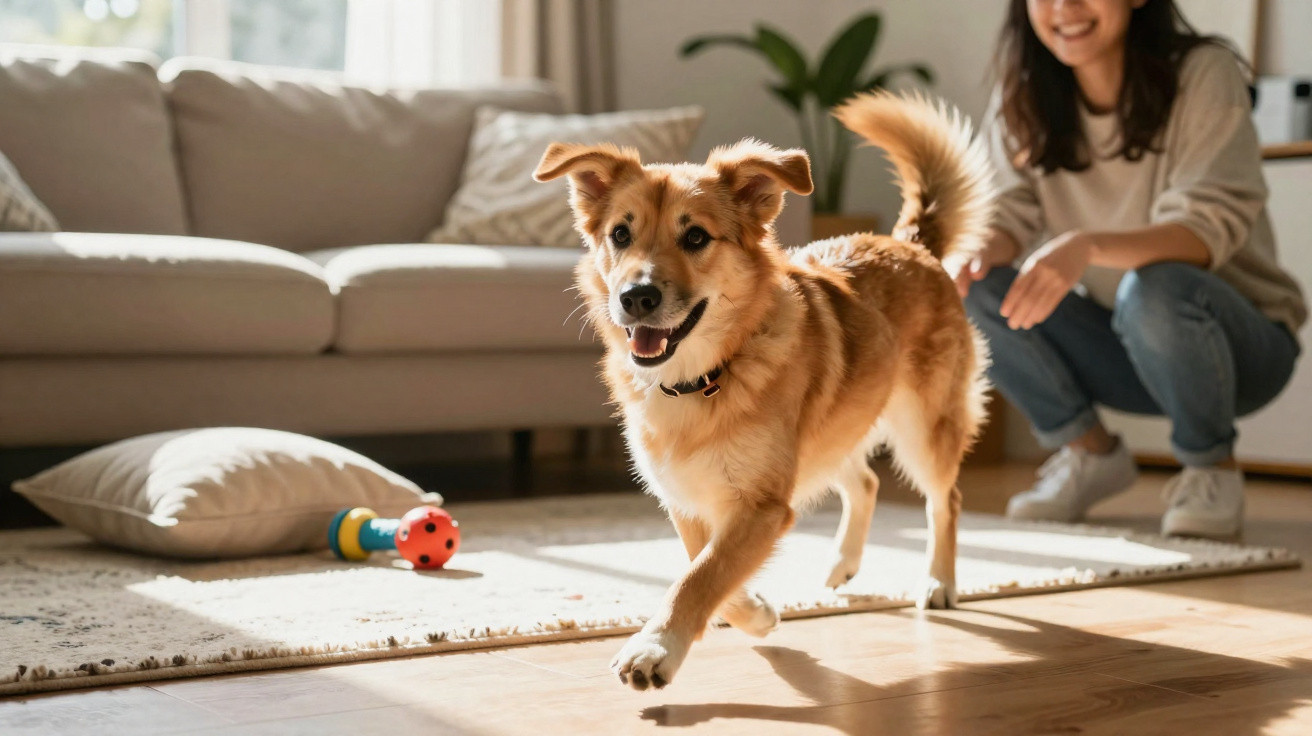 Cachorro feliz correndo em sala de estar com mulher agachada ao fundo sorrindo.