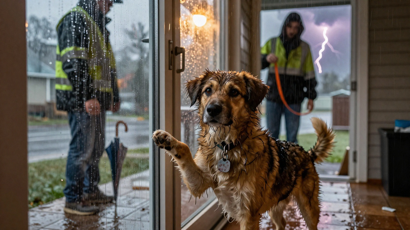 Cachorro molhado dentro de casa olhando para a porta de vidro em um dia chuvoso com relâmpago ao fundo.