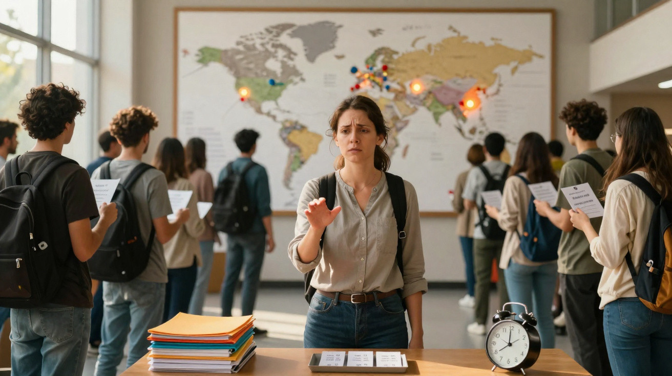 Grupo de jovens com mochilas observando mapa mundial em sala, com mulher em primeiro plano sinalizando.
