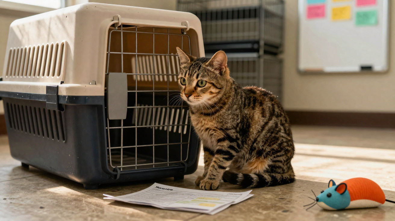 Gato rajado sentado no chão próximo a uma caixa de transporte, papéis e brinquedo em formato de rato.
