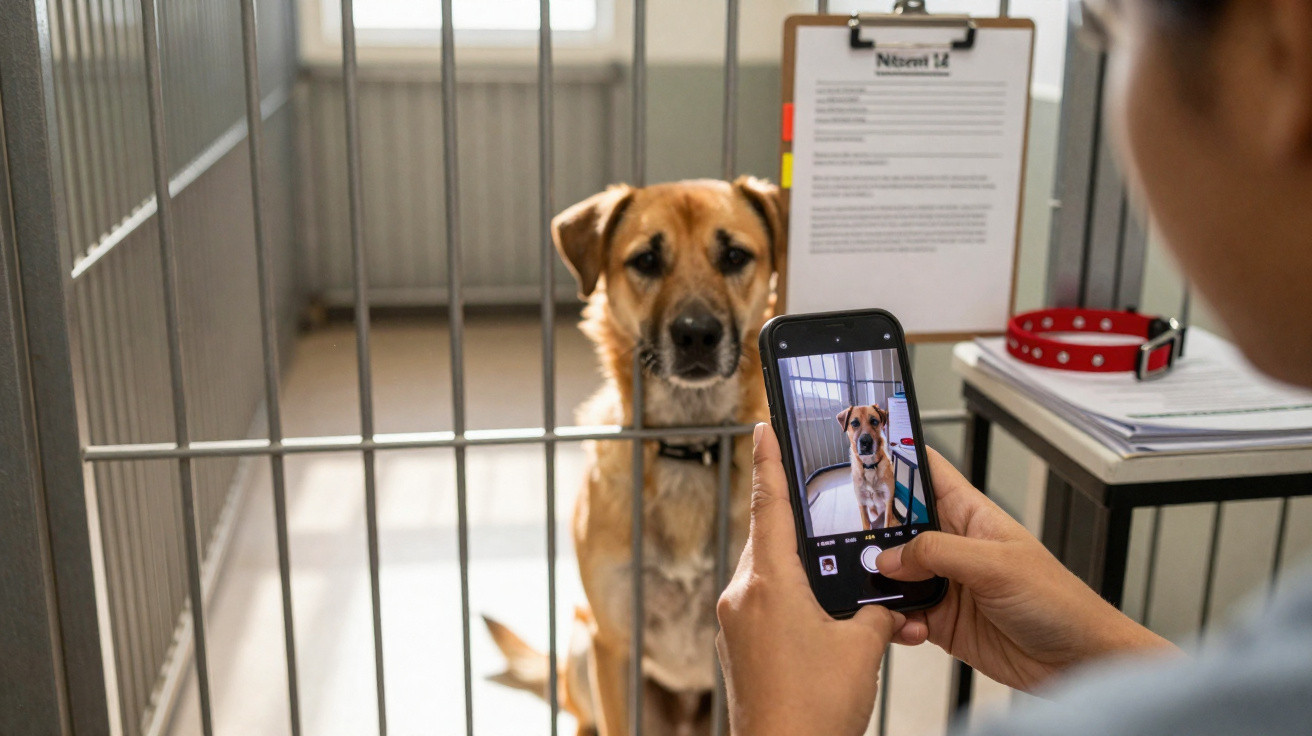 Pessoa tirando foto de cachorro sentado atrás de grades em abrigo para animais.