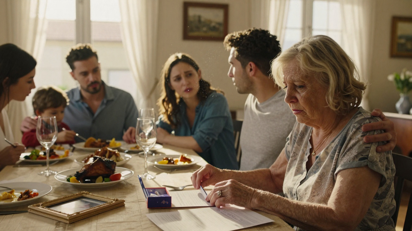 Idosa lendo papéis com expressão triste enquanto familiares a observam preocupados durante refeição.