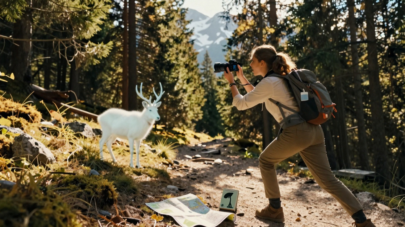 Mulher fotografando cervo branco com binóculos em trilha na floresta com montanhas ao fundo.