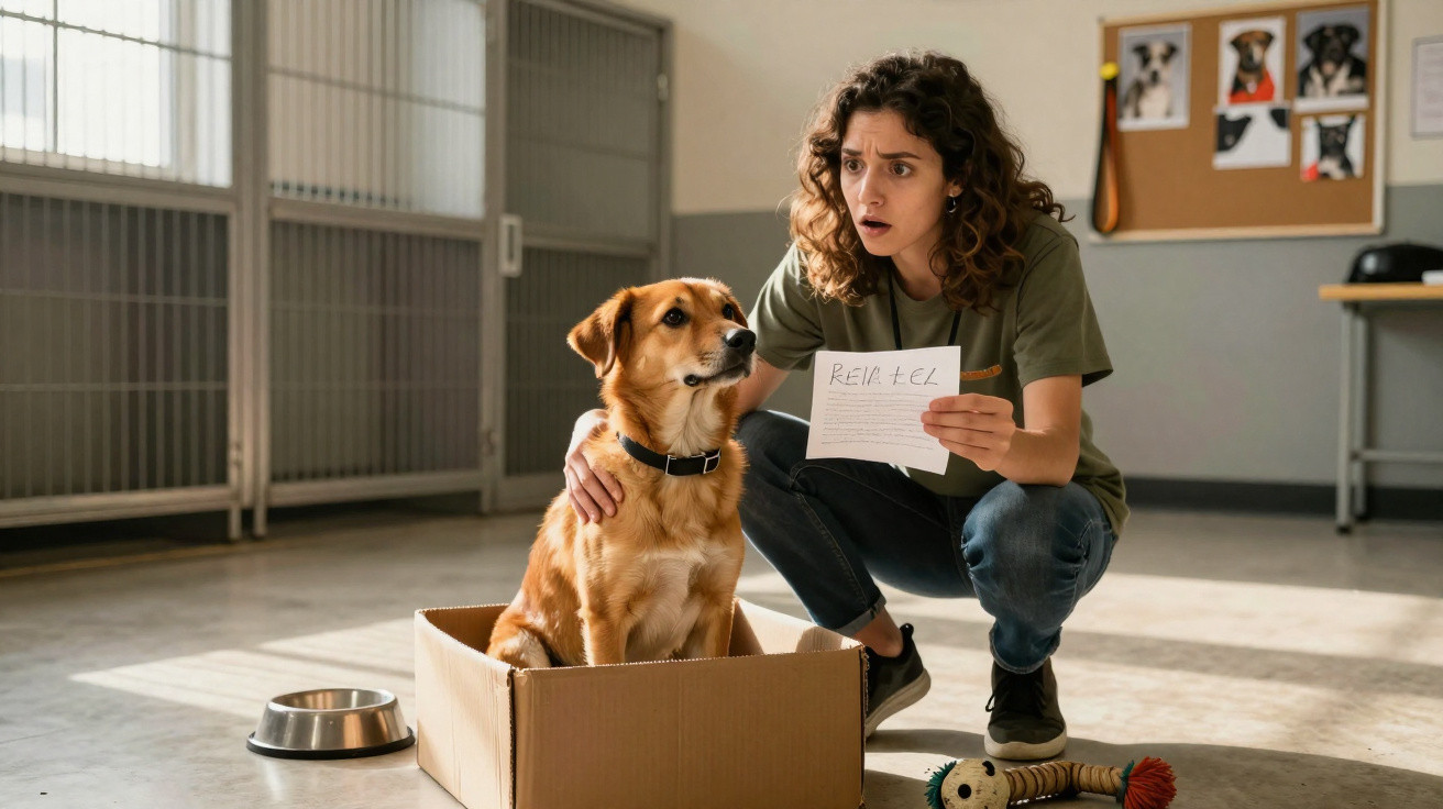 Mulher agachada ao lado de cachorro em caixa, segurando papel, ambiente de abrigo animal com brinquedos.