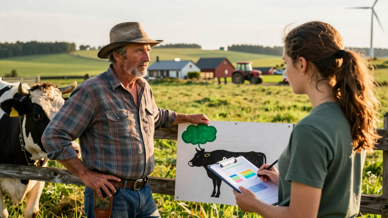 Homem e mulher conversam em fazenda, com vacas ao fundo e quadro ilustrativo sobre agricultura sustentável.