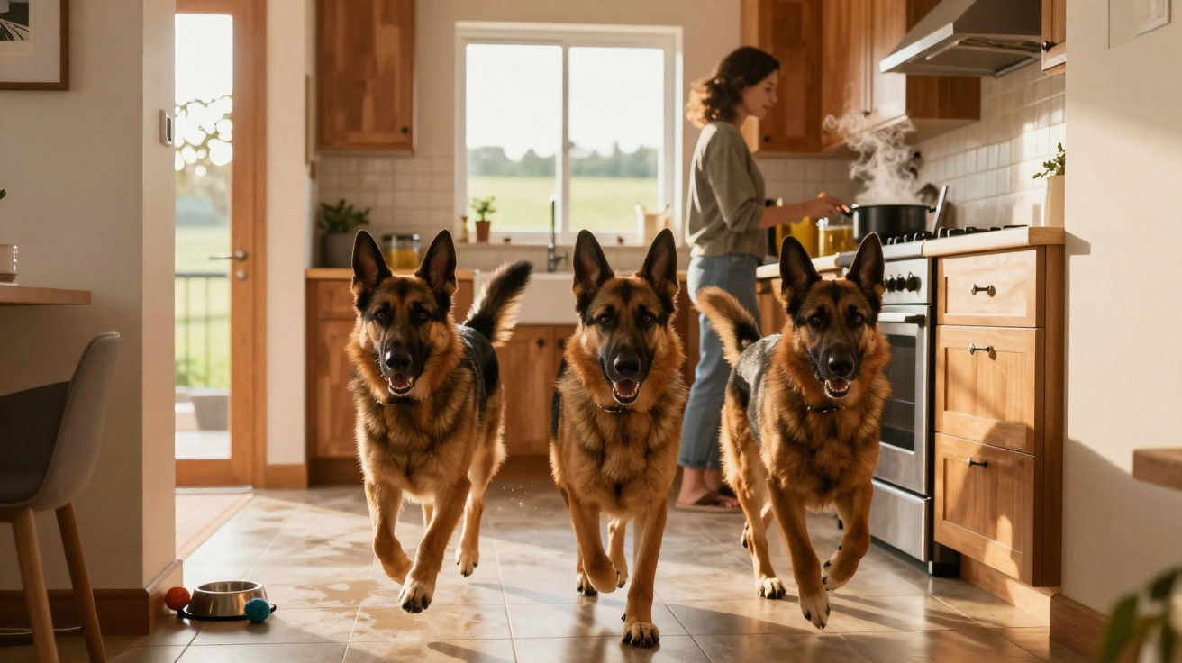 Três cães pastor-alemão correndo pelo chão da cozinha enquanto mulher prepara comida ao fundo.