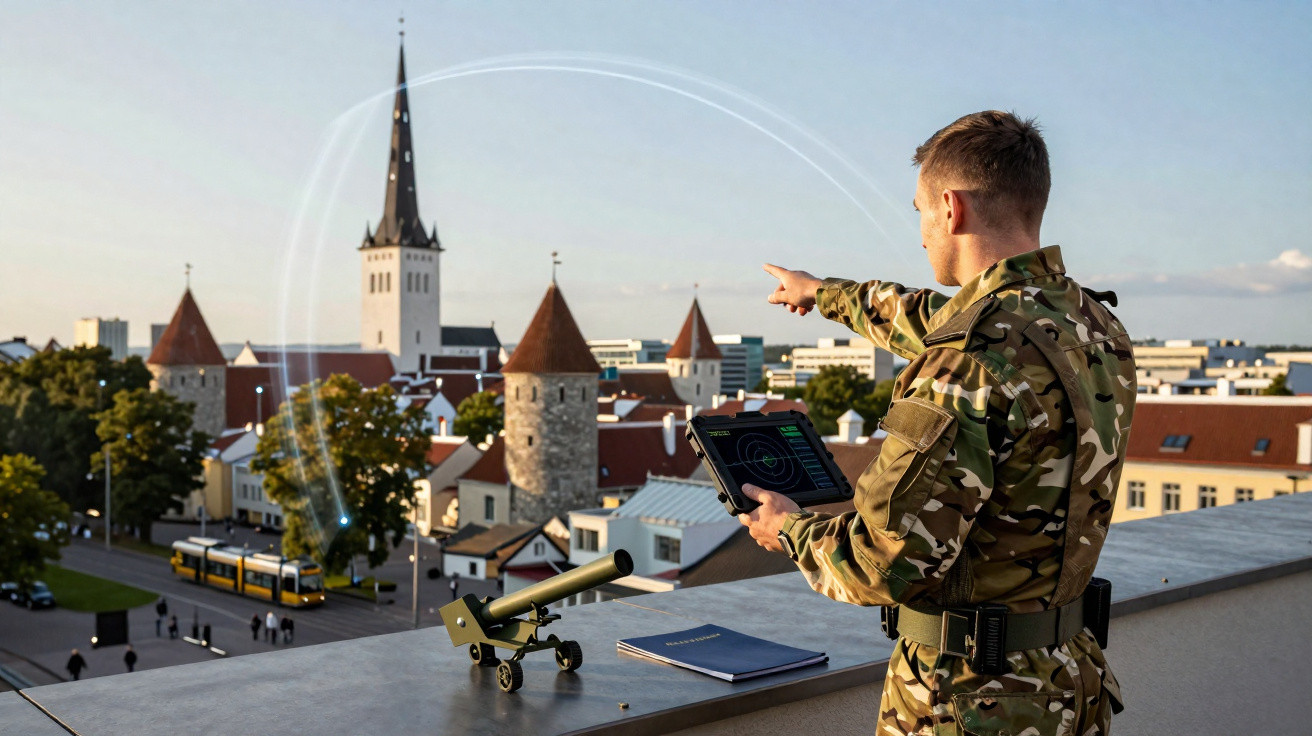 Militar com tablet aponta para cidade medieval com torre e igreja ao entardecer, simulando tecnologia avançada.